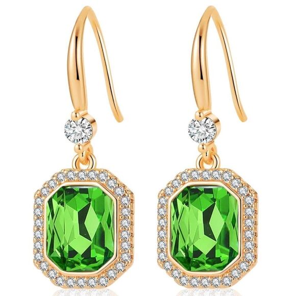 14K Yellow Gold with Fern Green Austrian Crystal Octagon Halo Hook Earrings